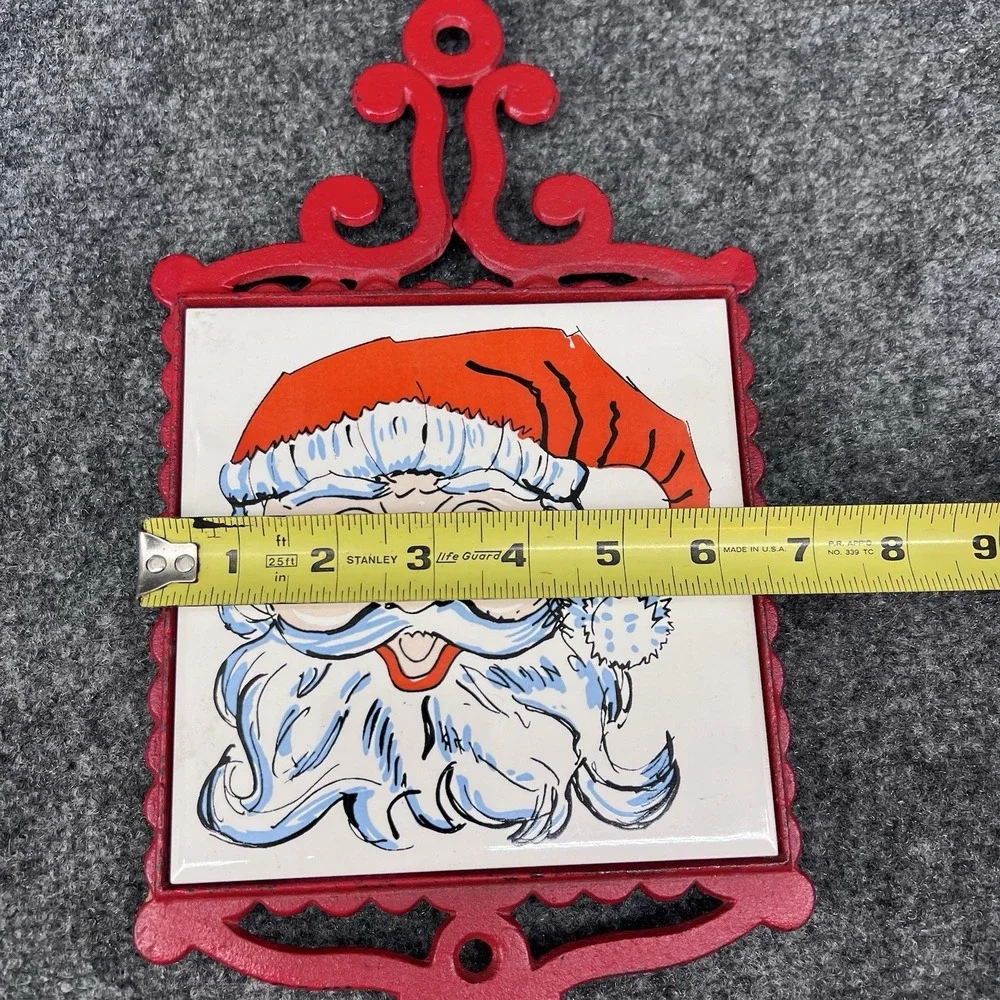 Red Enesco Cast Iron Trivet Santa Claus Winking Ceramic Tile Christmas Decor